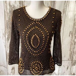 Women's Peck & Peck Collection Brown Crochet 3/4 Sleeve Beaded Top Size Medium